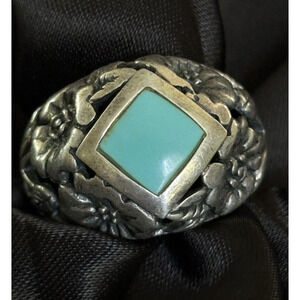 Vintage Sterling & Turquoise Inlay Dome Ring Size 7.5 Floral Decor Openwork